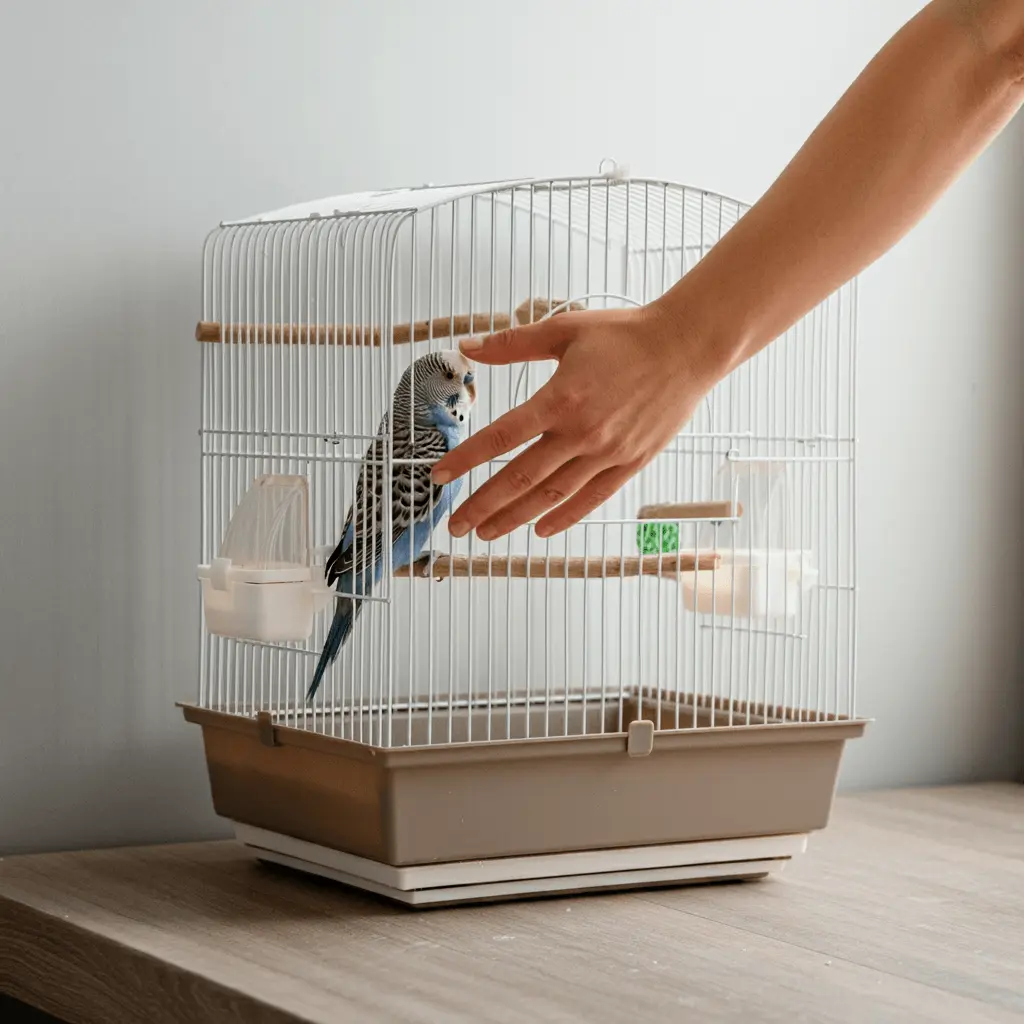 A hand adjusting the position of a budgerigar cage on a table.