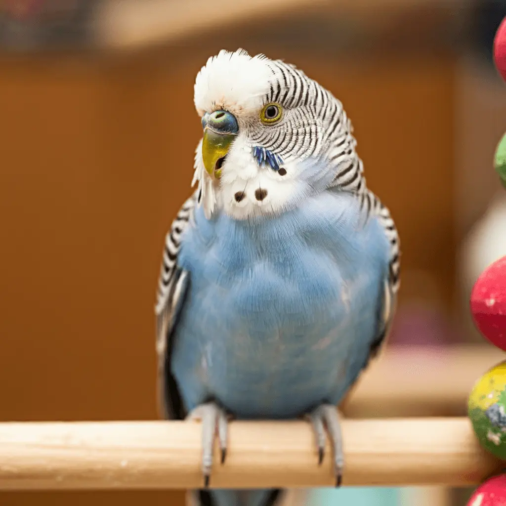 A budgerigar chirping while playing with a colorful toy.