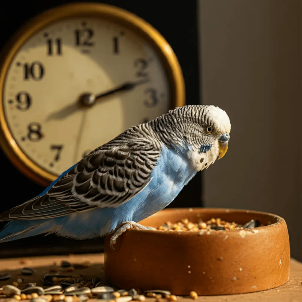 Budgerigar eating seeds from a bowl with a clock in the background.