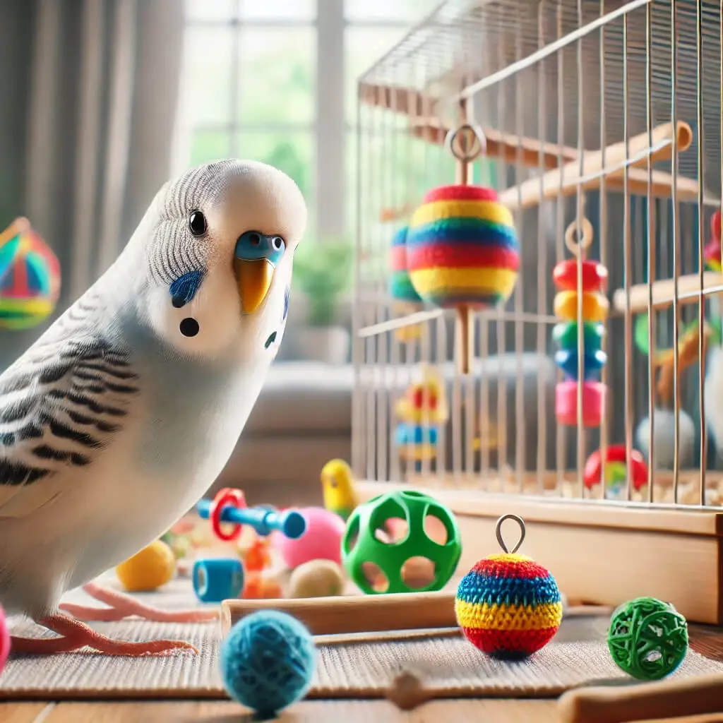 White budgie with colorful toys inside and around its cage.