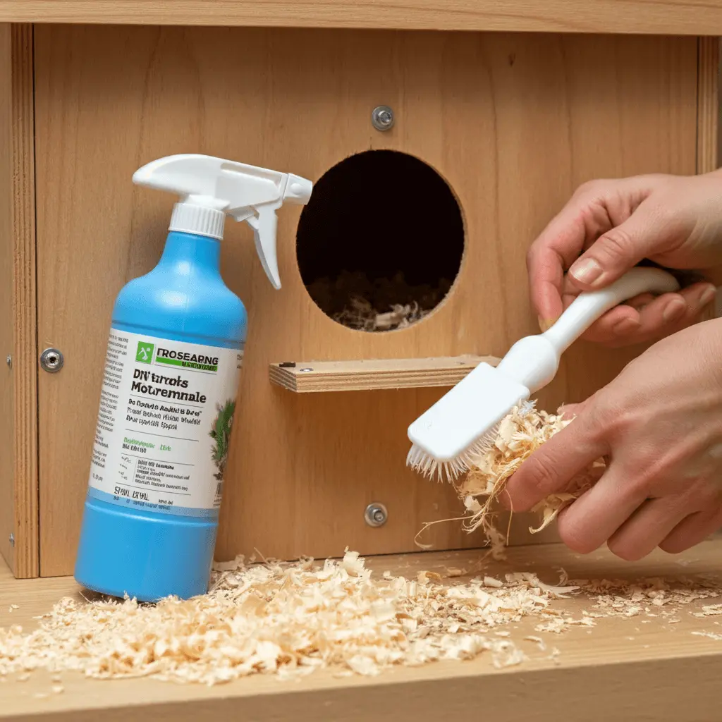 Cleaning a bird nesting box with a brush and disinfectant spray.