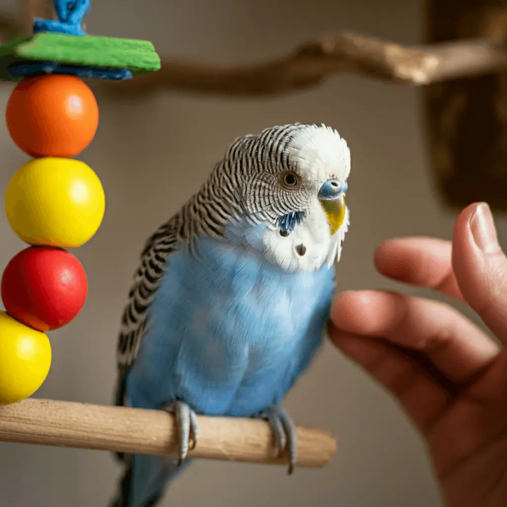 A hand interacting with a budgerigar inside its cage.