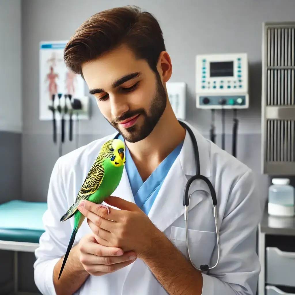 Veterinarian examining a budgerigar to determine its gender.