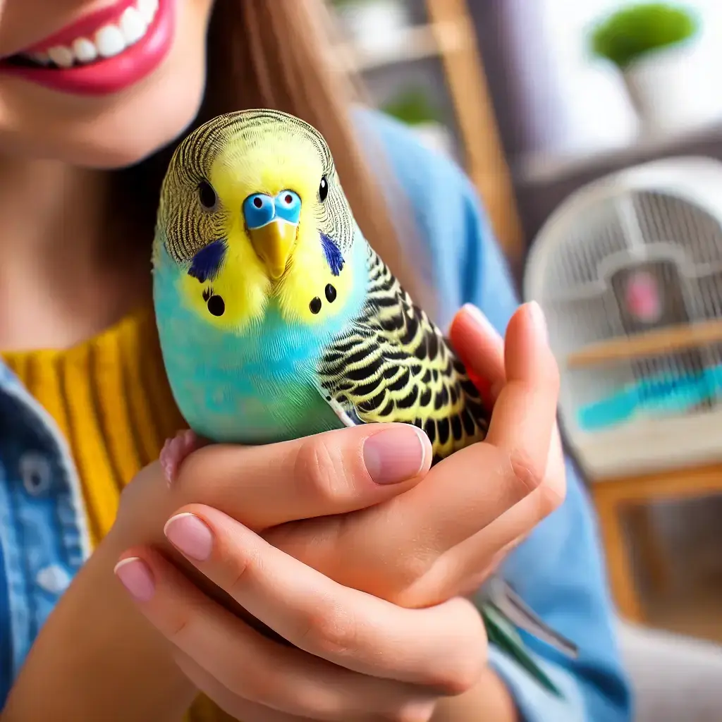 Person interacting with a green budgerigar at a rescue center.