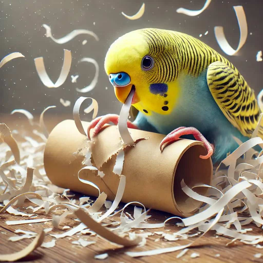 Budgerigar playing with a shredding toy