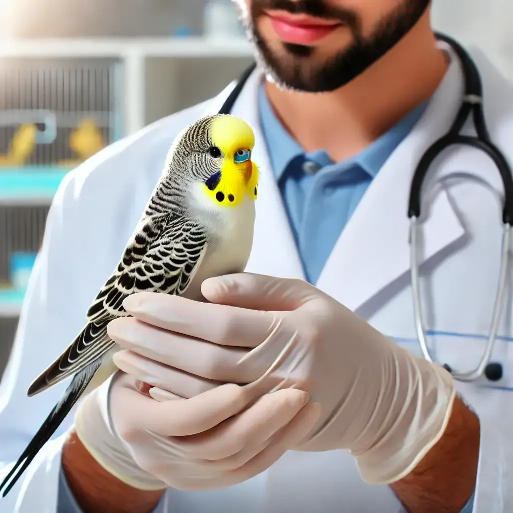 Veterinarian examining a budgerigar during a check-up.