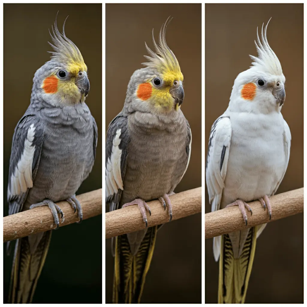 Various cockatiel color mutations showcased together for comparison.