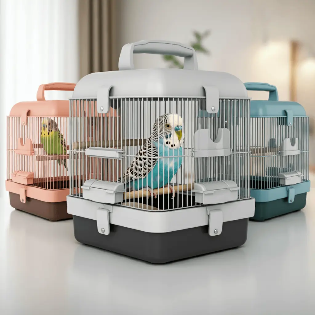 Various sizes of bird travel cages with budgerigars inside, ready for travel.