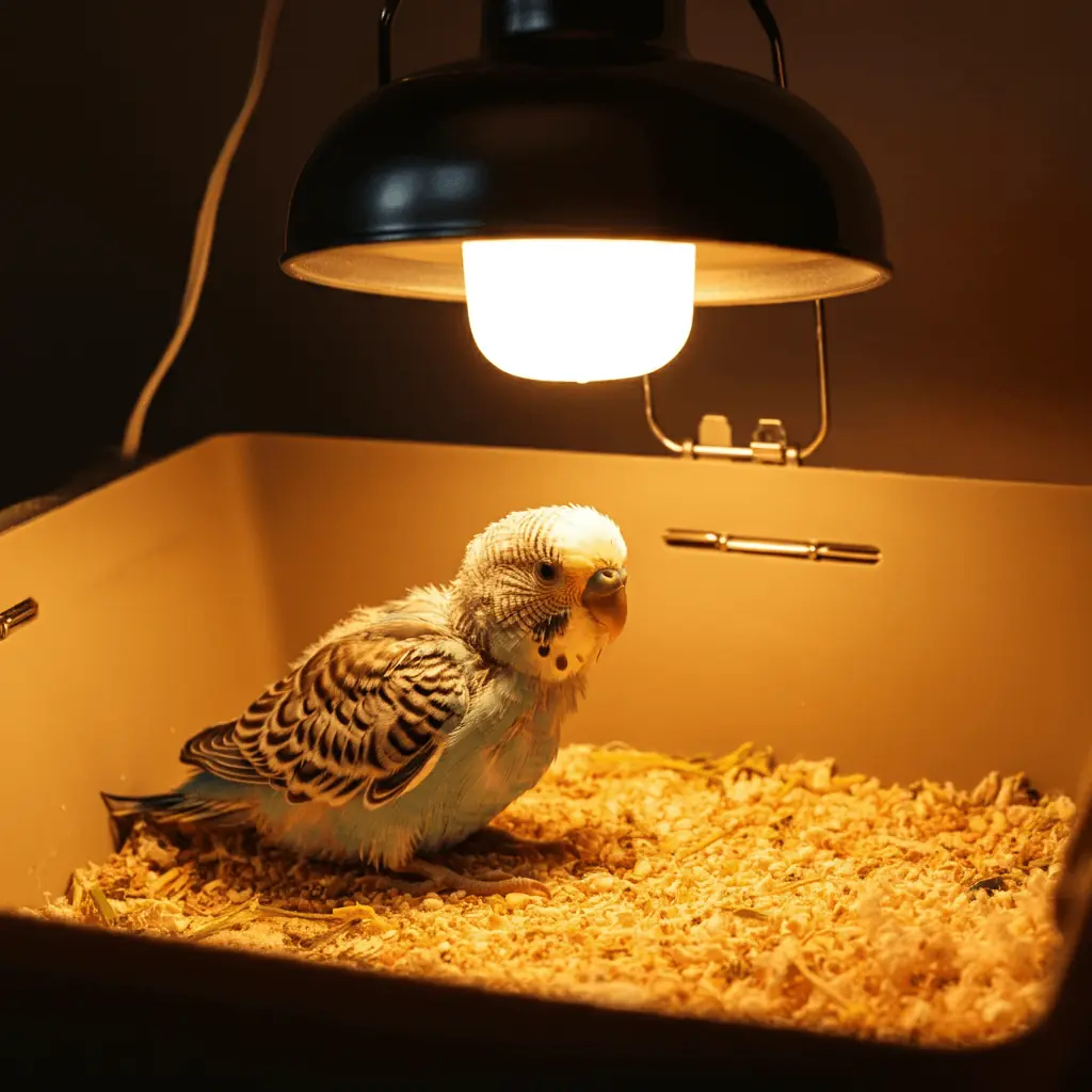 Young budgerigar in a brooder under a heat lamp.