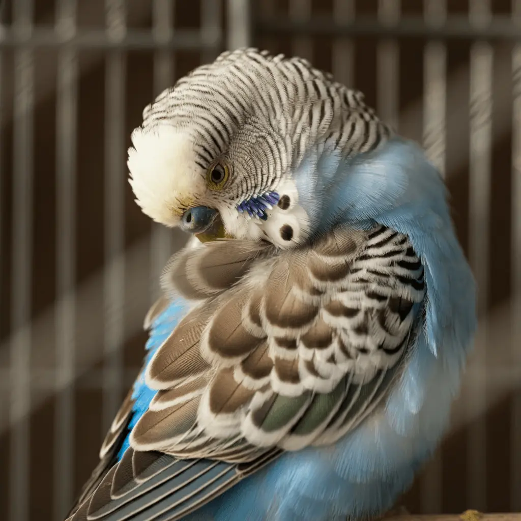 A blue budgerigar preening its feathers in a cage.