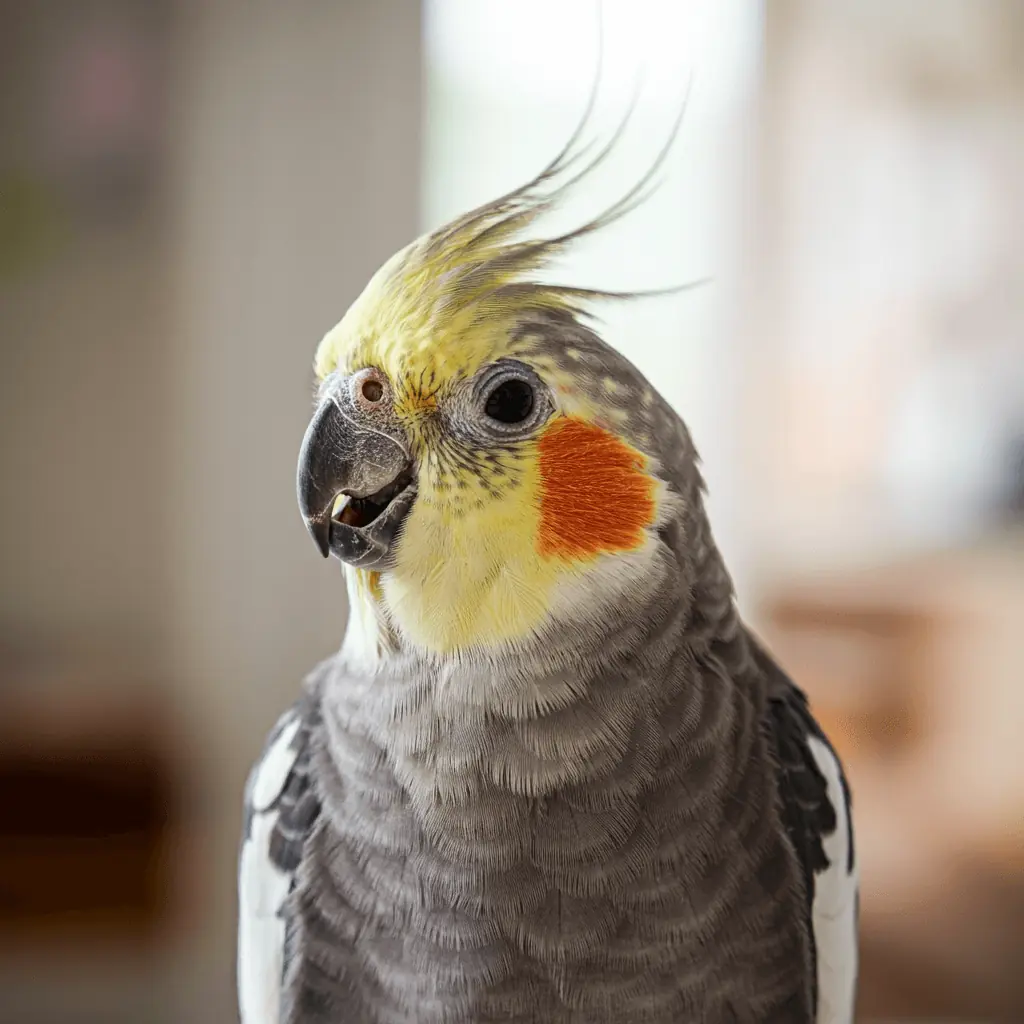 Cockatiel cheerfully chirping in a sunlit room, showcasing typical cockatiel behavior.