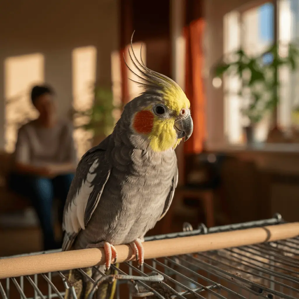 A cockatiel perched nearby as a person sits in the background, highlighting the bird's comfort with human presence.