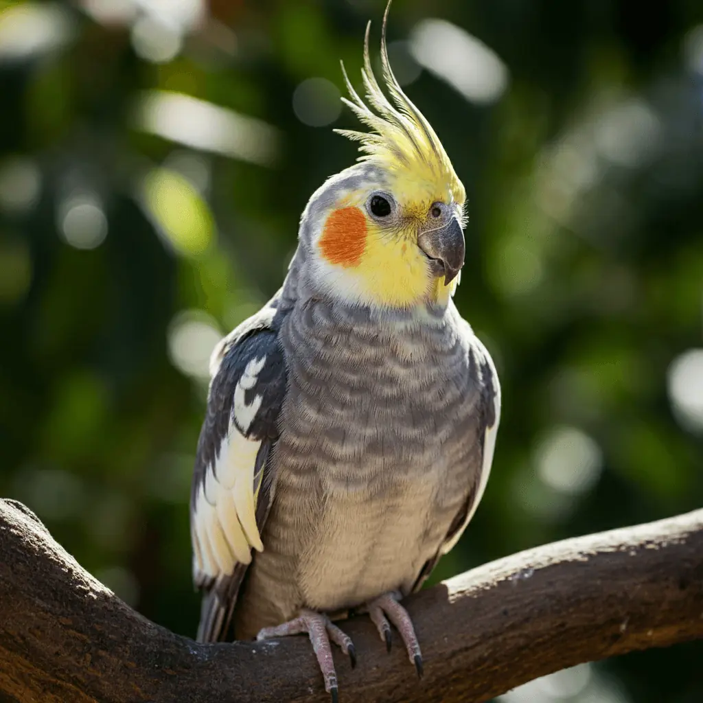 Healthy cockatiel perched on a branch.