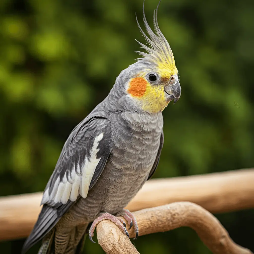 A normal grey cockatiel perching on a wooden branch with lush green background.