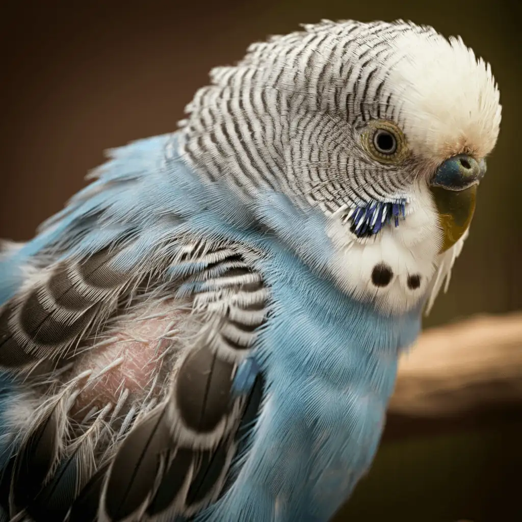 Close-up of a budgerigar with missing feathers due to feather plucking.