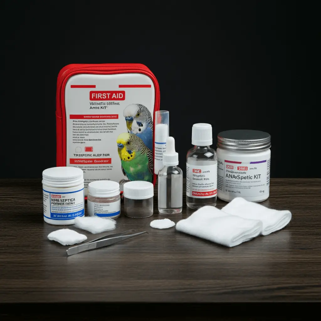 Complete first aid kit for budgerigars with essential medical supplies.