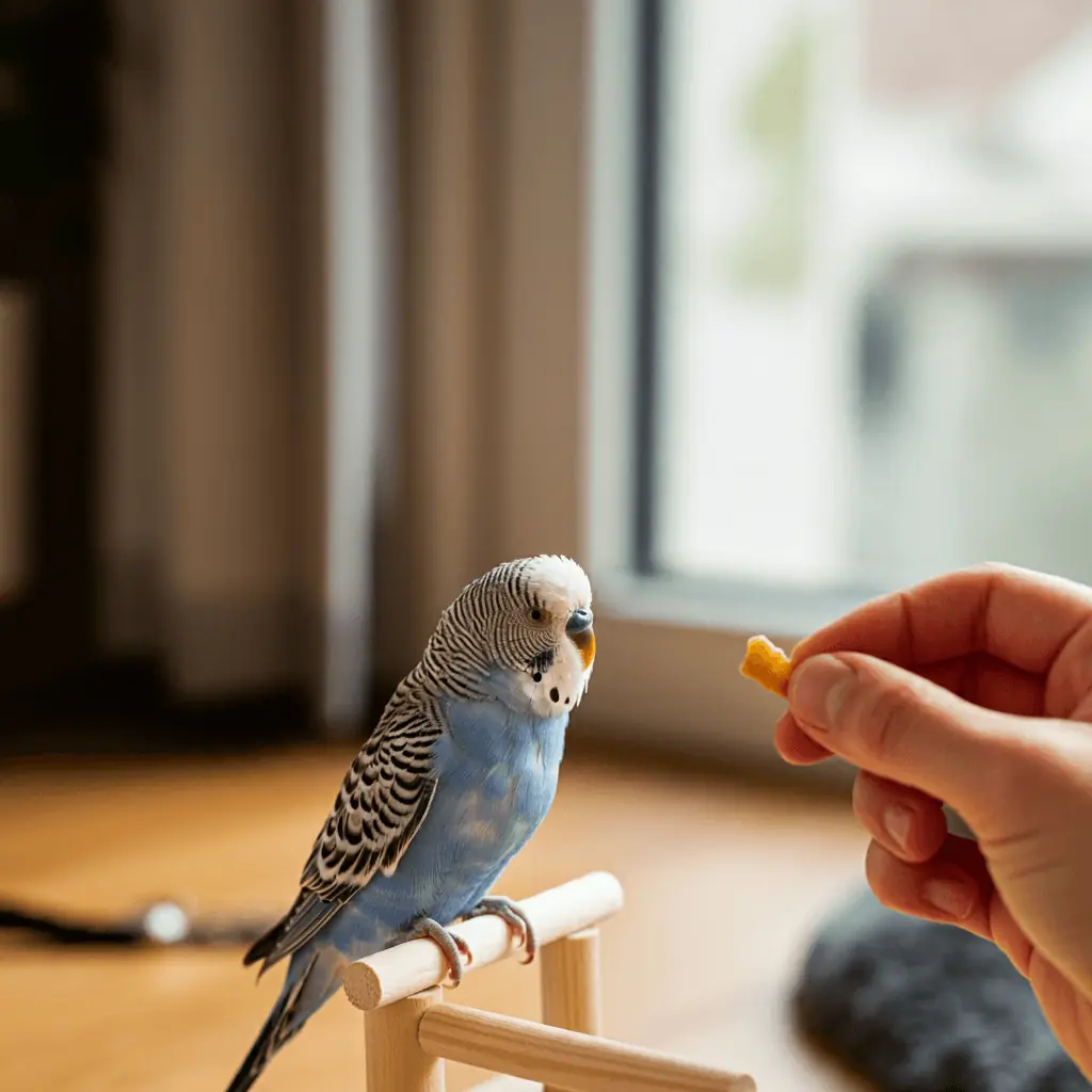 A budgerigar sitting on a perch while being offered a treat during training at home.