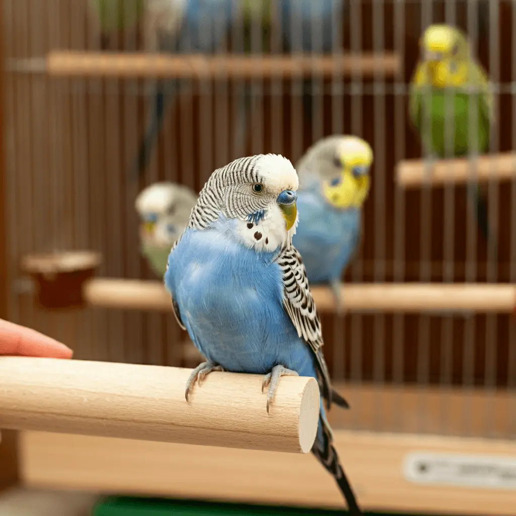 Blue budgie perched inside a quarantine cage.