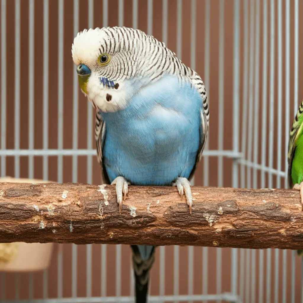 Blue budgerigar perched calmly on a natural wooden branch in its cage.