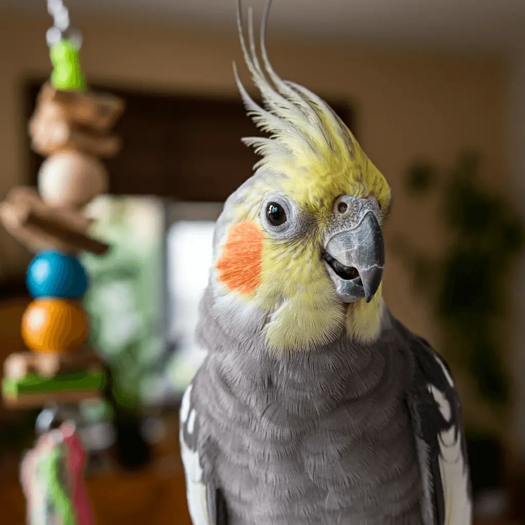 Cockatiel singing with its crest raised in a home environment.