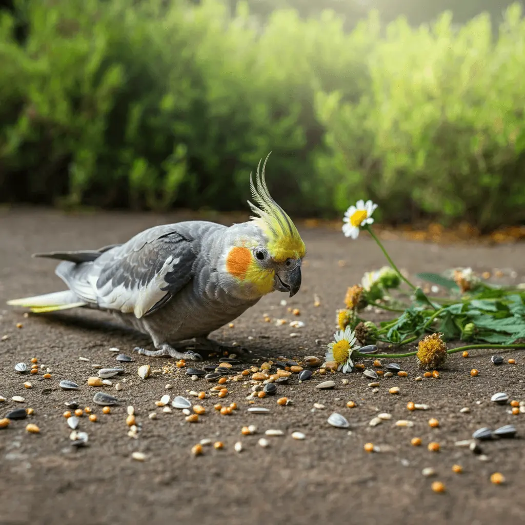 Cockatiel eating seeds and plants in a natural outdoor setting.