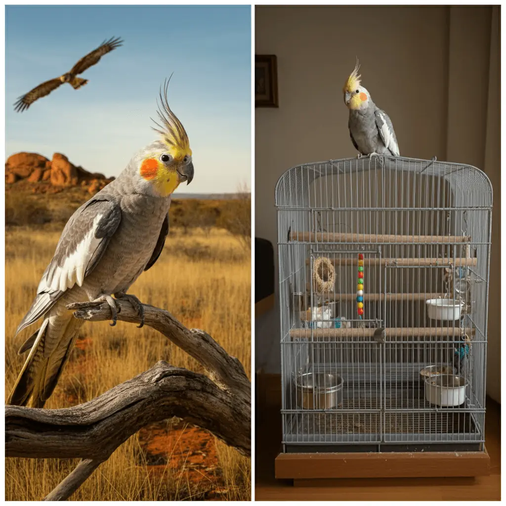 Cockatiel perched on a branch in the wild versus cockatiel sitting on top of its cage.