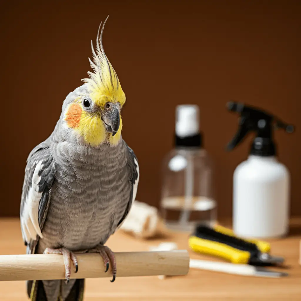 Cockatiel perched on a grooming station with essential supplies in the background.