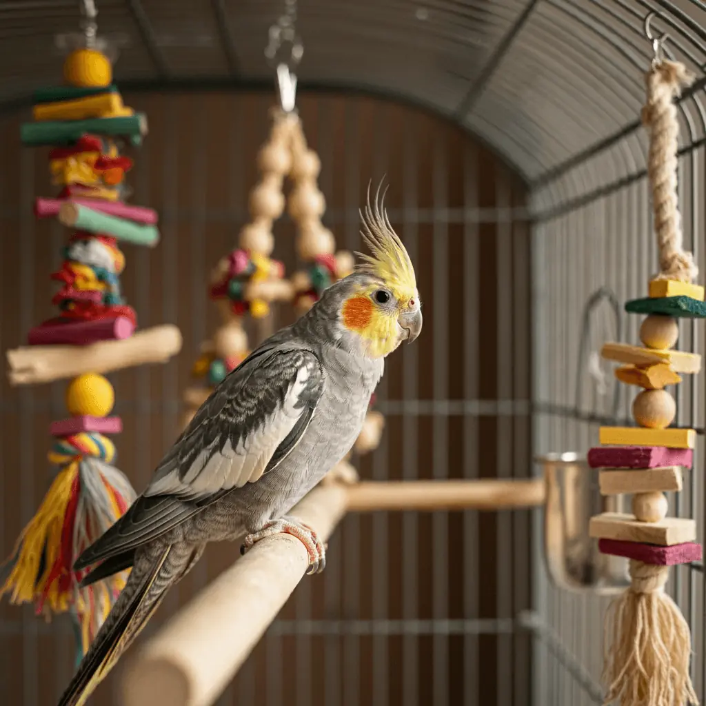 Cockatiel with colorful crest perched in a well-equipped cage.