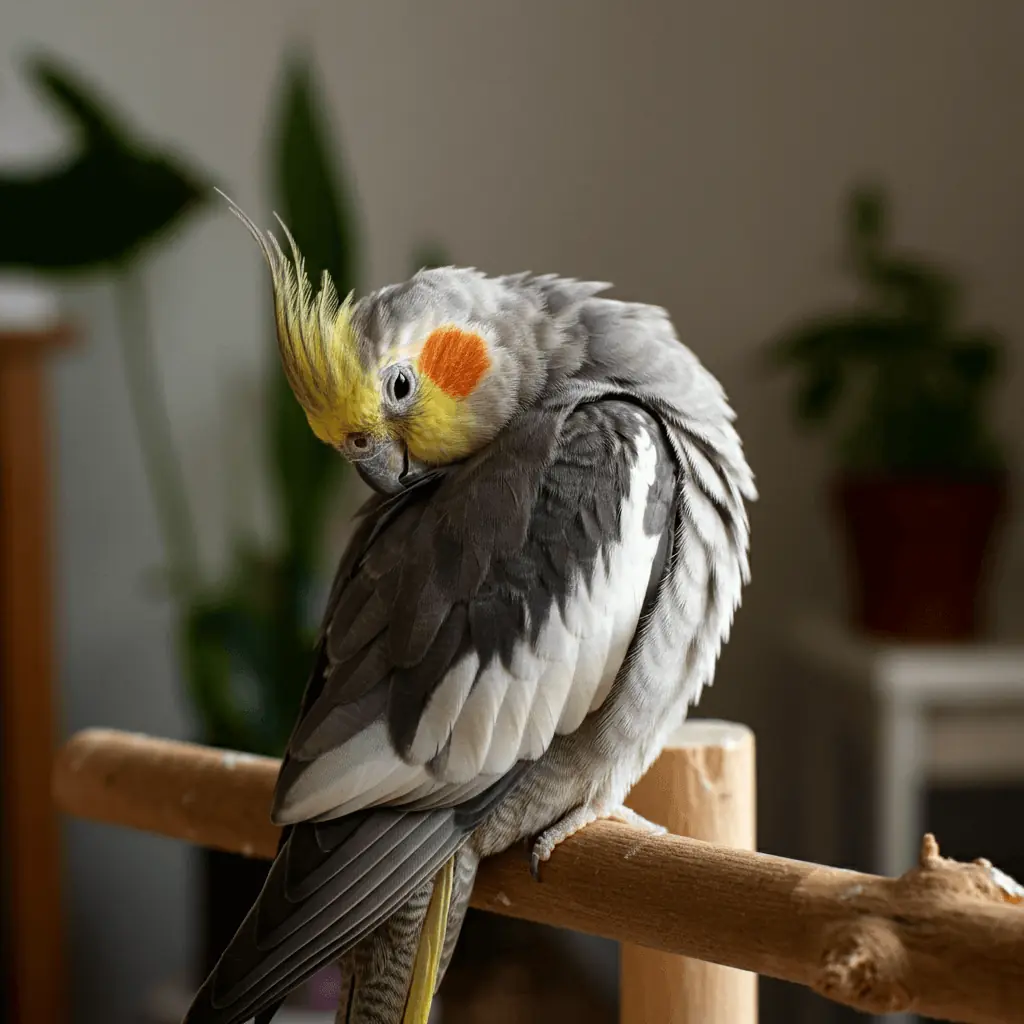 Cockatiel preening its feathers on a perch.