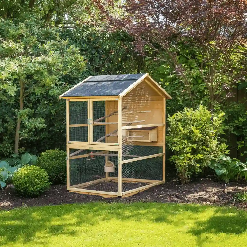 Wooden bird aviary placed in a garden surrounded by lush greenery.