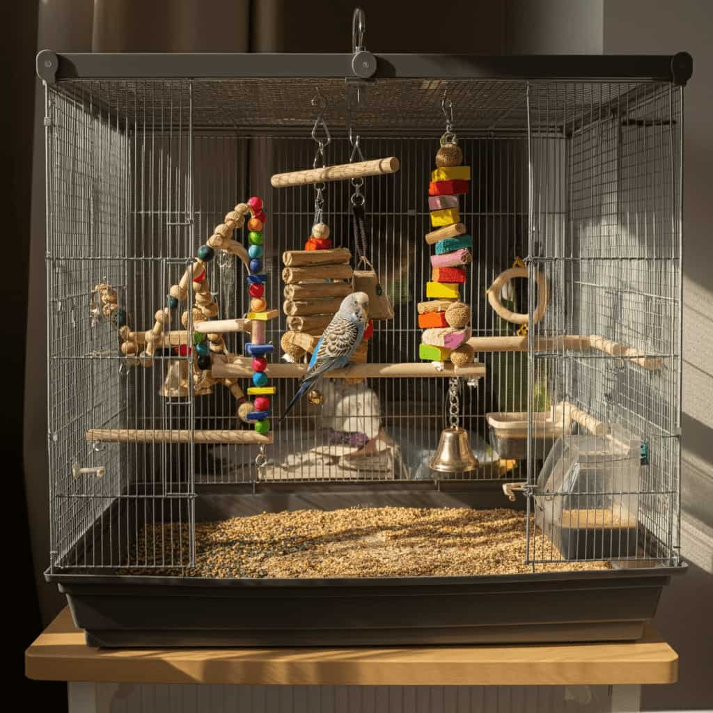 Spacious budgerigar cage filled with colorful toys and perches.