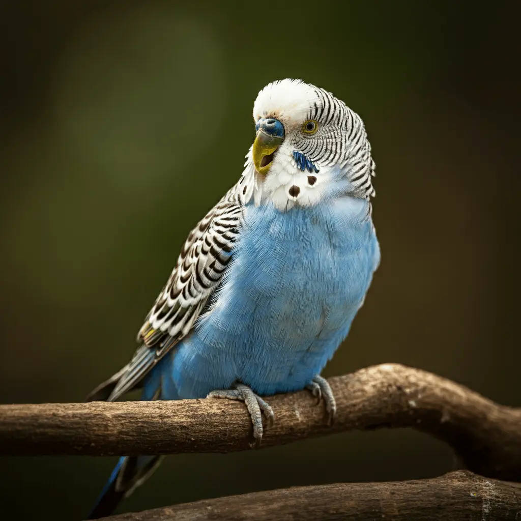 Blue male budgerigar singing while perched on a branch.