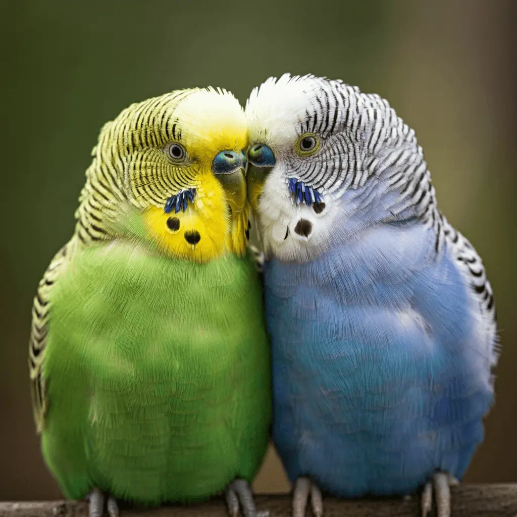 Close-up of a green and a blue budgerigar sitting closely together.