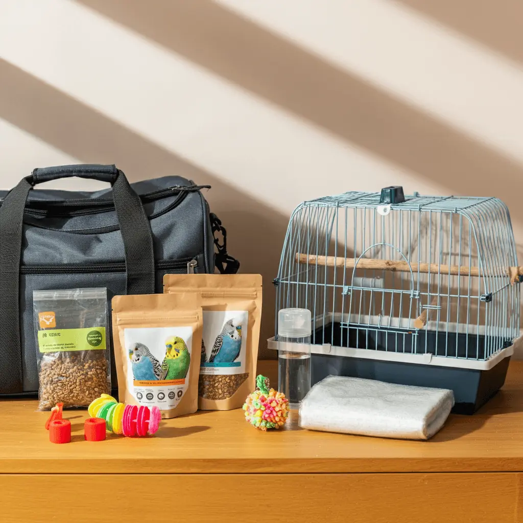 Bird travel essentials including food, water, and toys for budgerigars during travel.