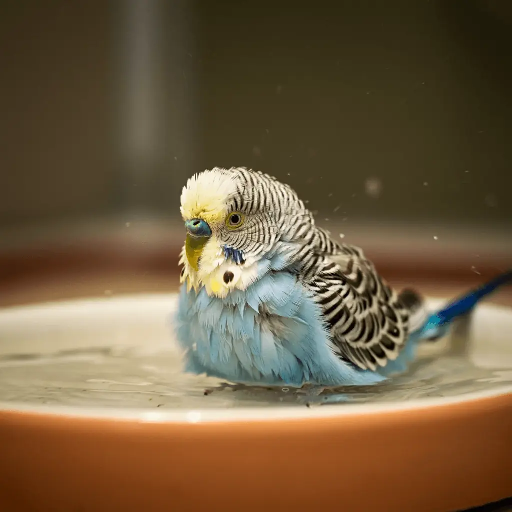 Budgerigar taking a bath in a shallow dish of water.