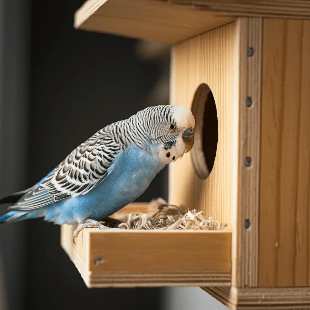 A blue budgerigar examining the entrance of a wooden nesting box.