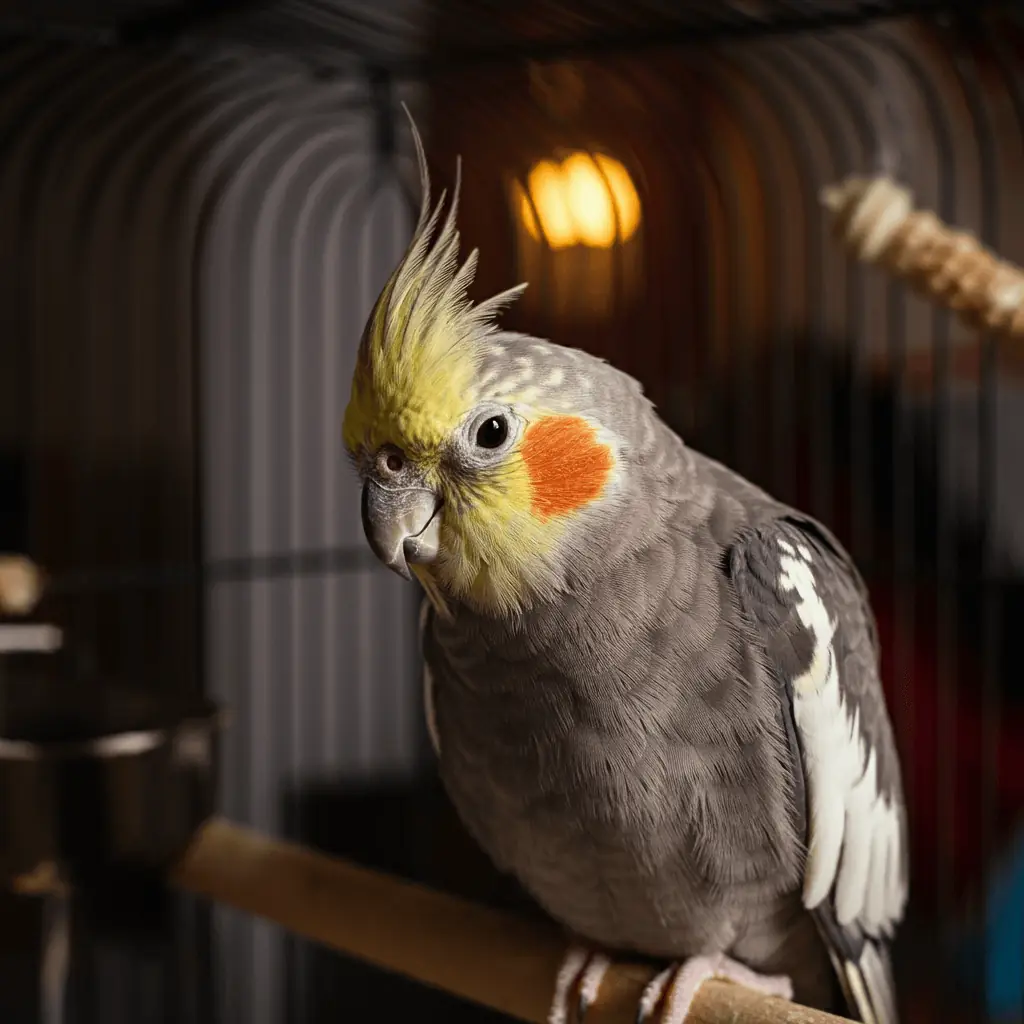 A relaxed cockatiel with calm body language, perched in a safe environment.