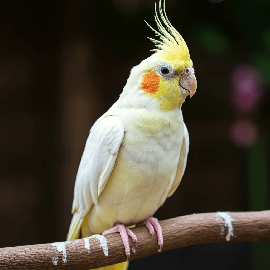 Bright lutino cockatiel with vibrant yellow feathers and red eyes perched on a branch.