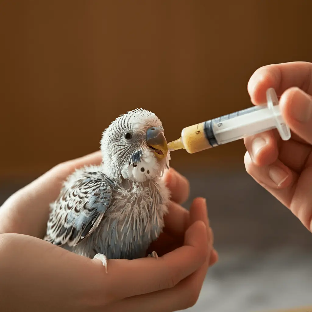 Feeding a hand-reared budgie chick with a syringe.