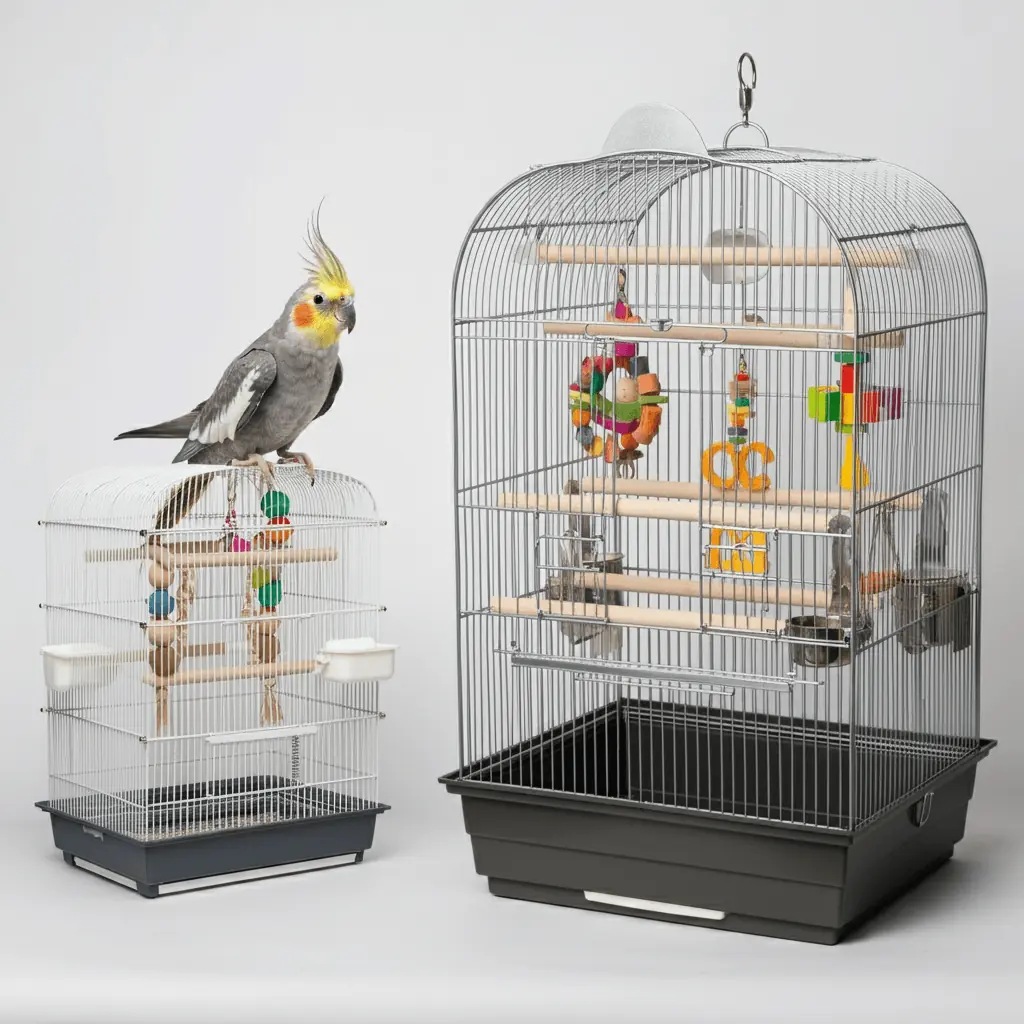 Two different sizes of cockatiel cages equipped with perches and toys.