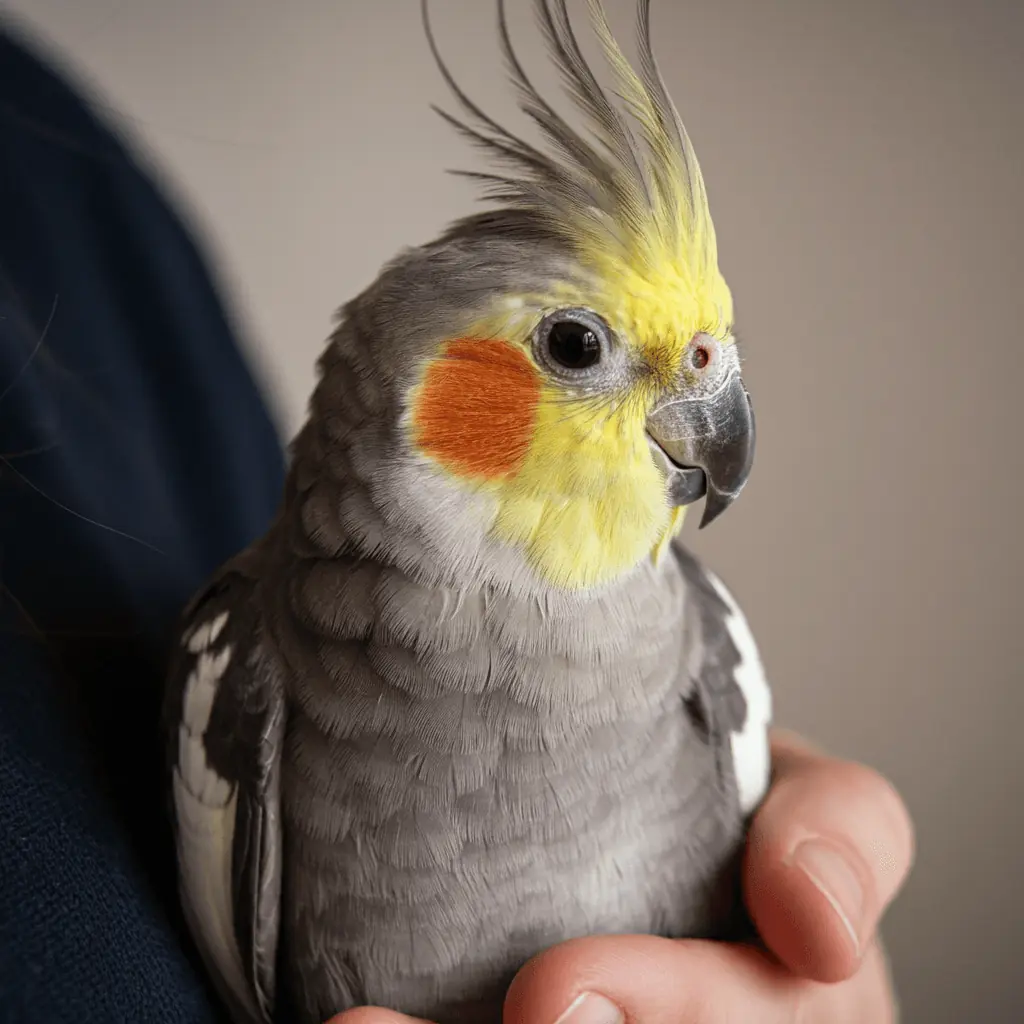 Cockatiel being gently held by a bird owner for grooming.