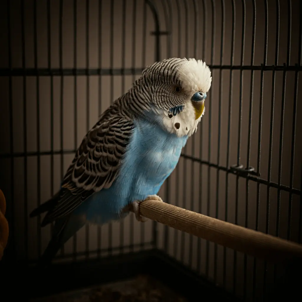 A budgerigar sitting in a bare, empty cage with no toys or enrichment.