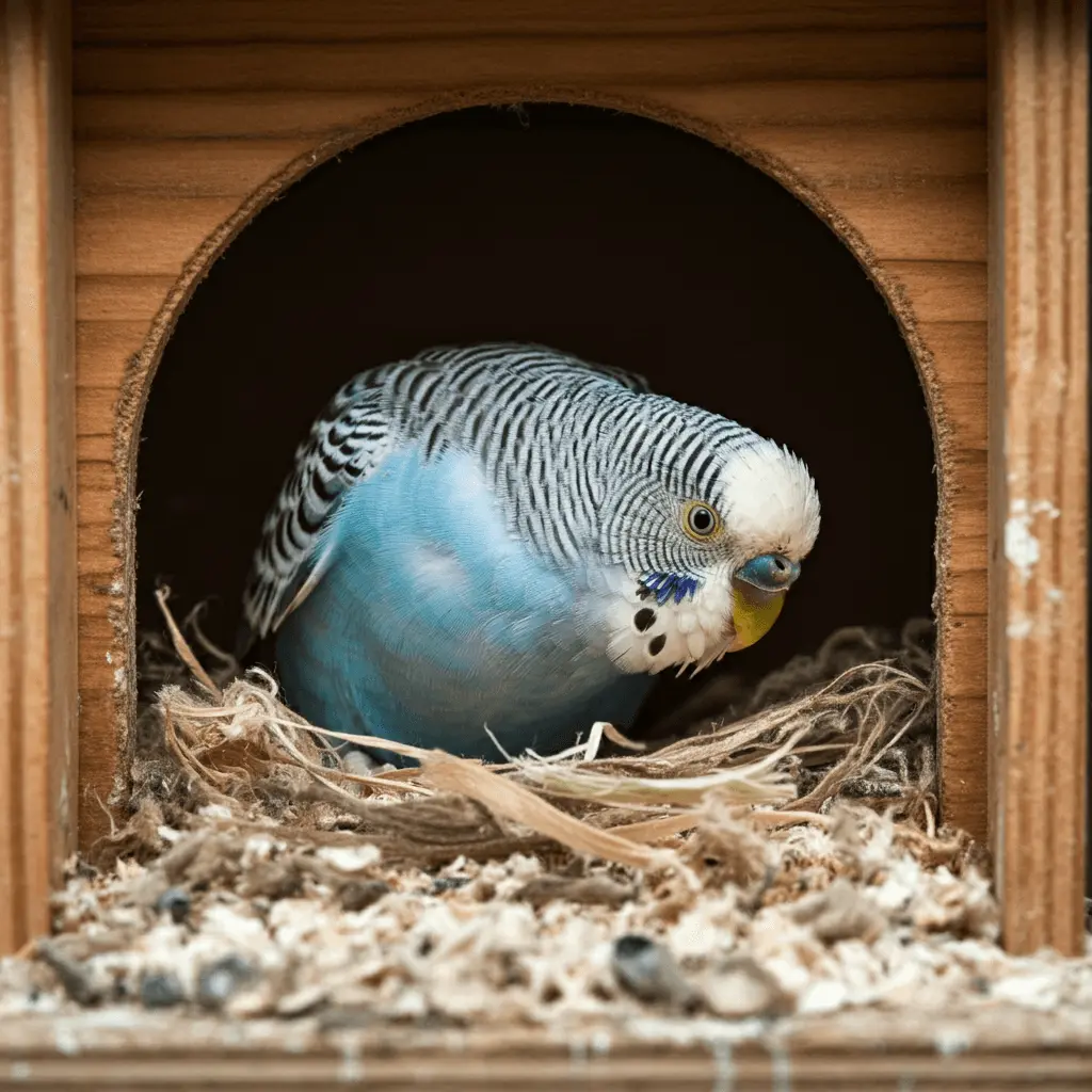 Budgerigar nesting inside a wooden box, indicating readiness for mating.