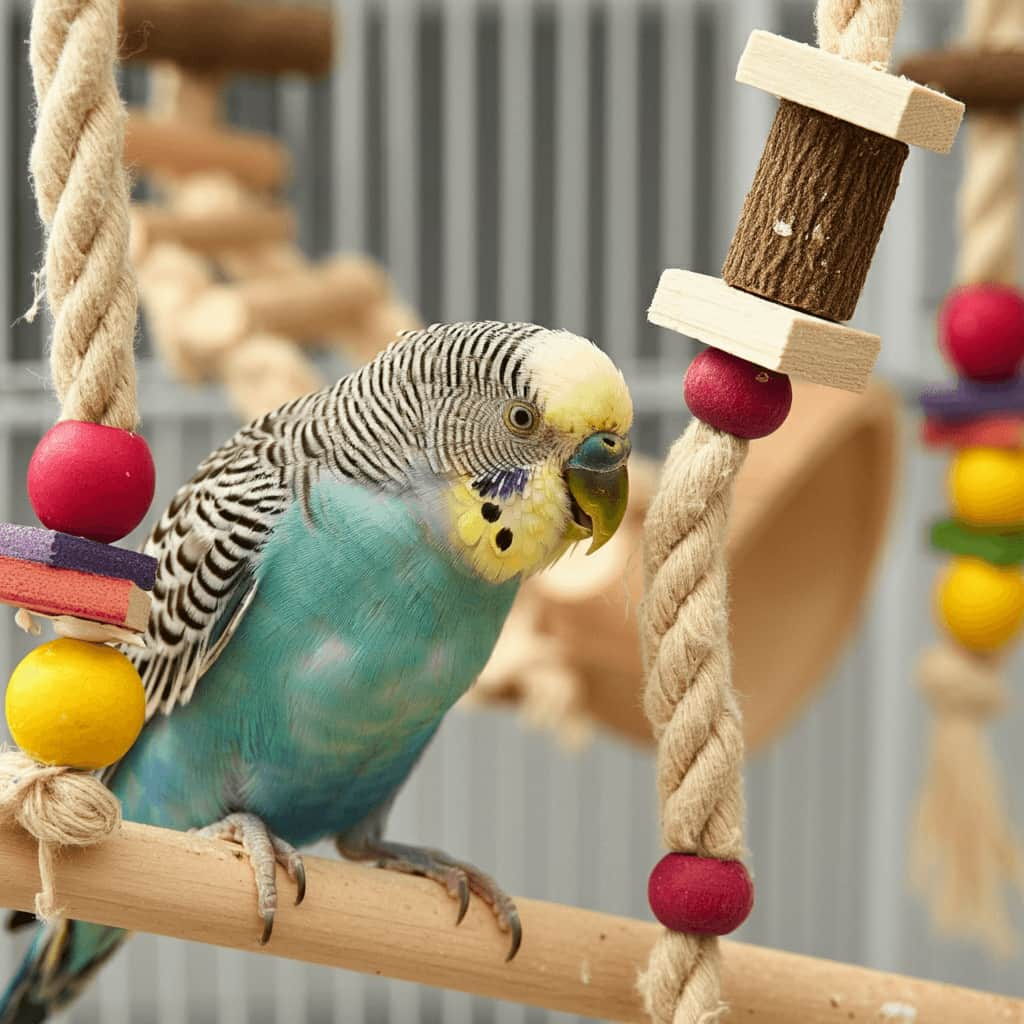 Budgerigar interacting with colorful hanging toys inside its cage.