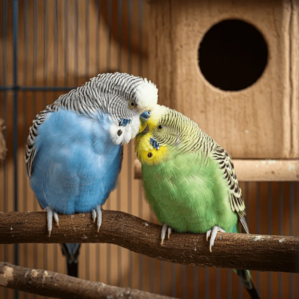 Two budgerigars engaging in courtship behavior on a perch.