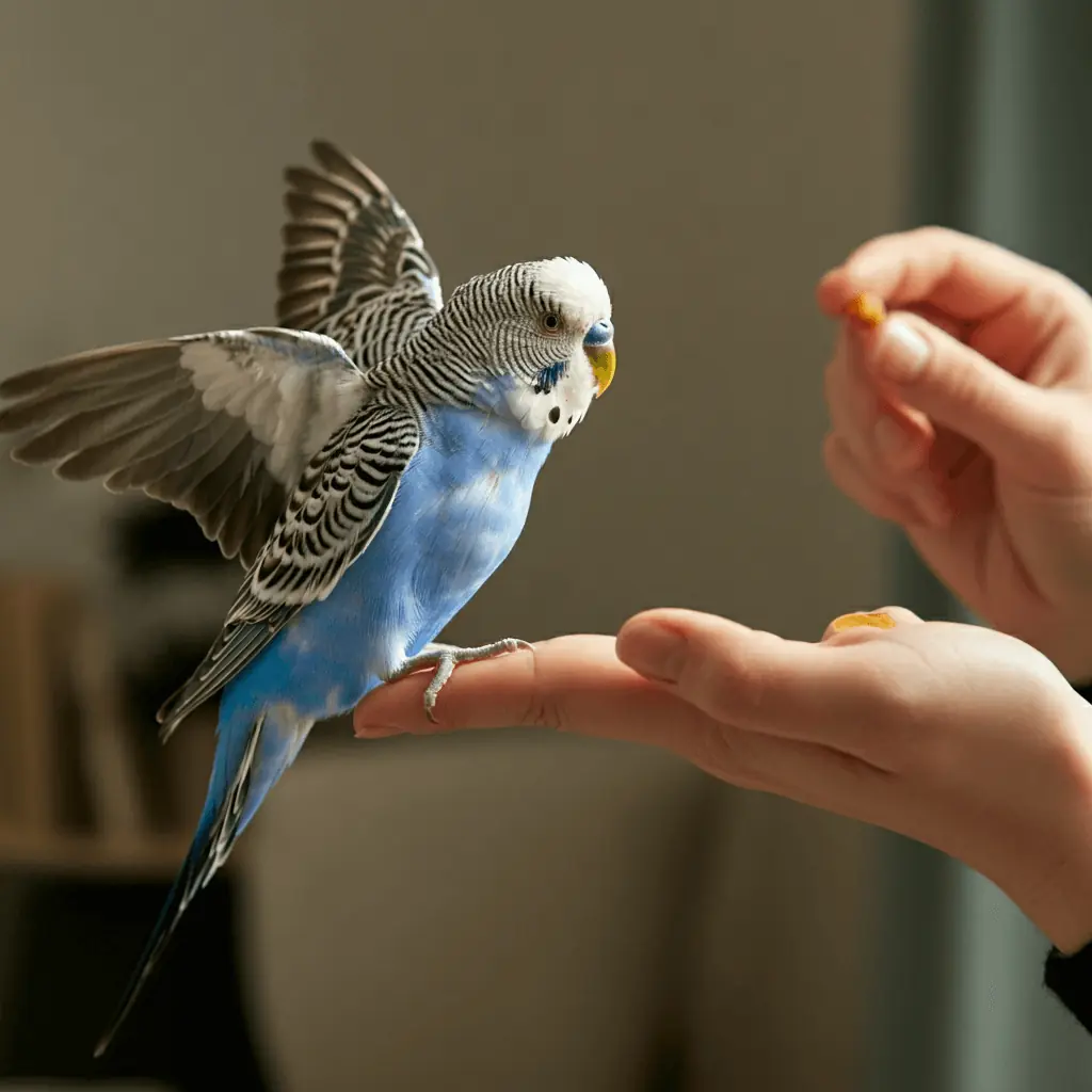 A budgerigar responding to the "step up" command by perching on a hand.