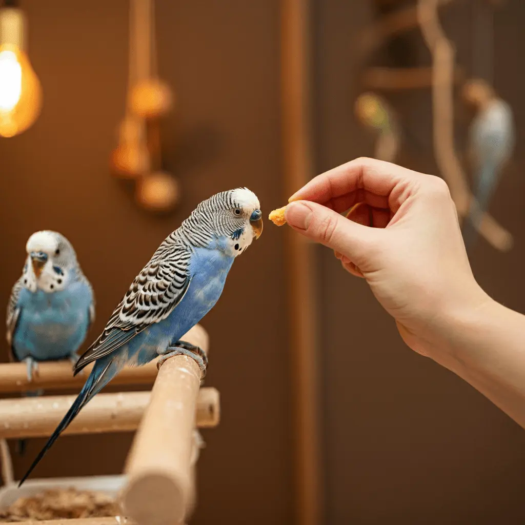 Budgerigar being offered a treat during training to reduce aggression.