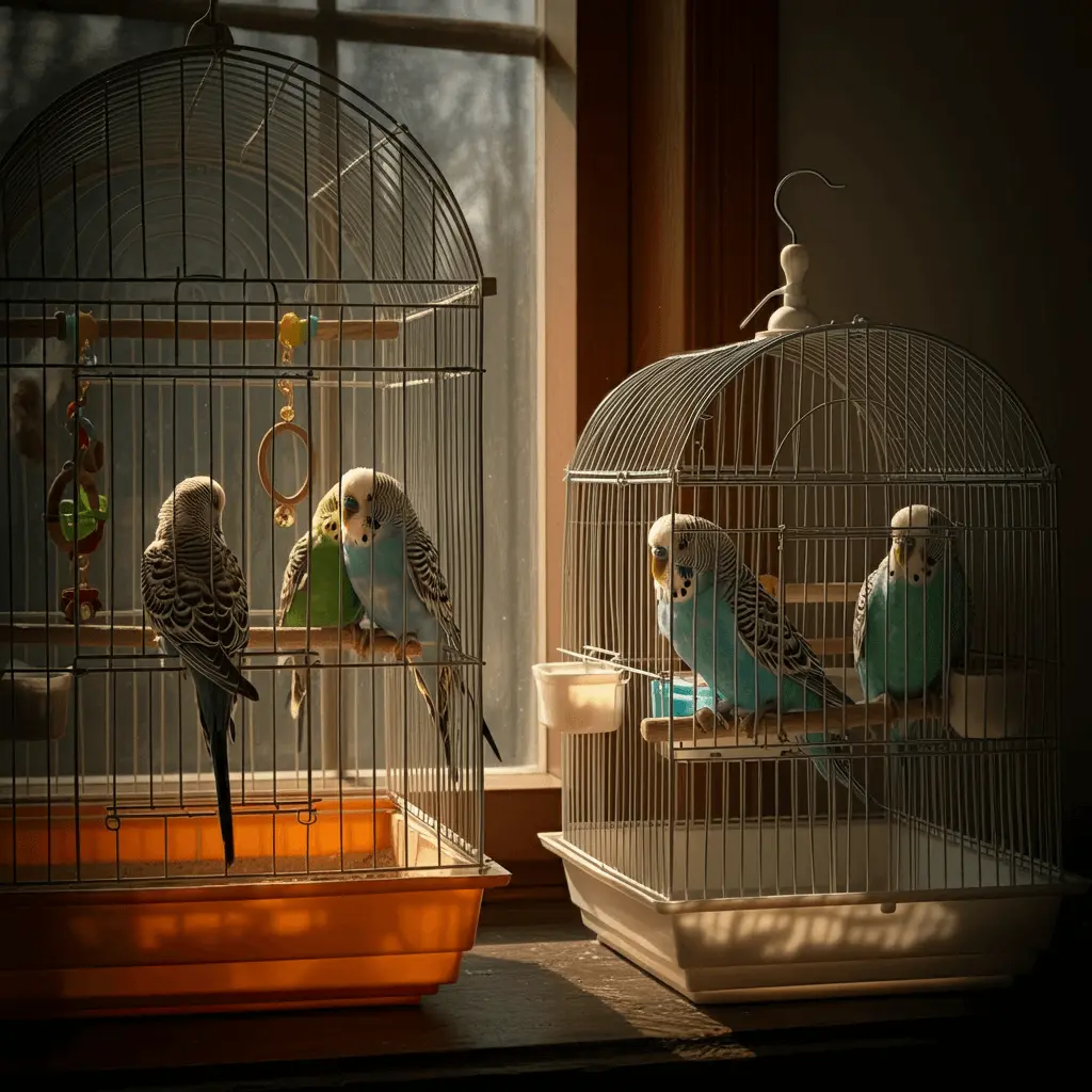 Two budgies in separate cages next to each other.