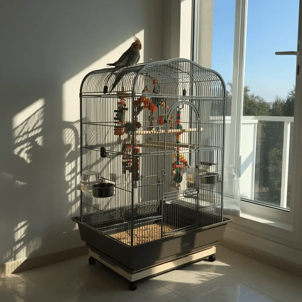 A well-equipped cockatiel cage with various toys and perches in a sunlit room.