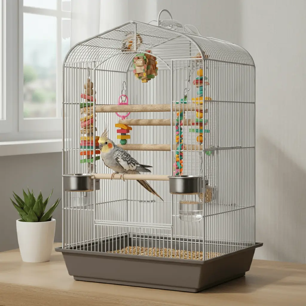 Cockatiel inside a well-decorated cage with toys and perches.